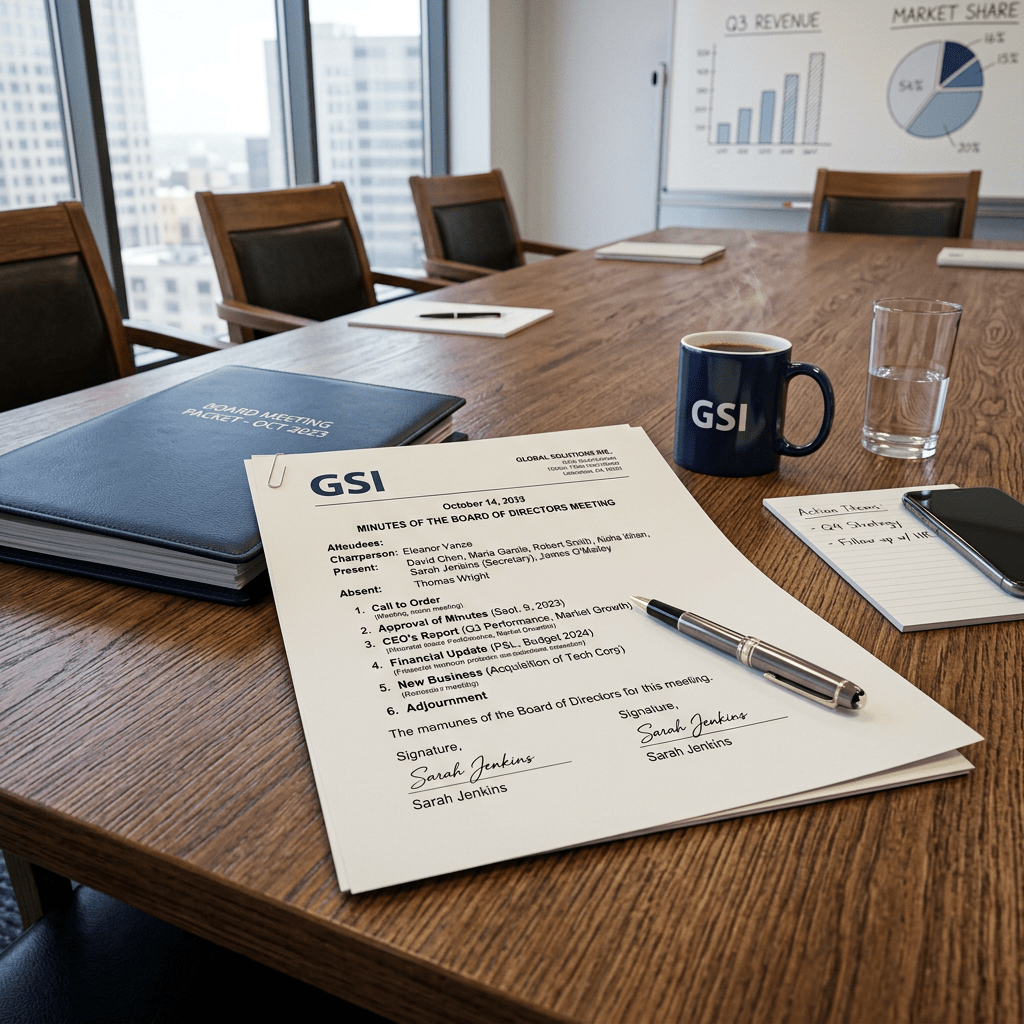 Board meeting packet, signed minutes, pen, coffee mug, glass of water, notepad, and smartphone on conference table